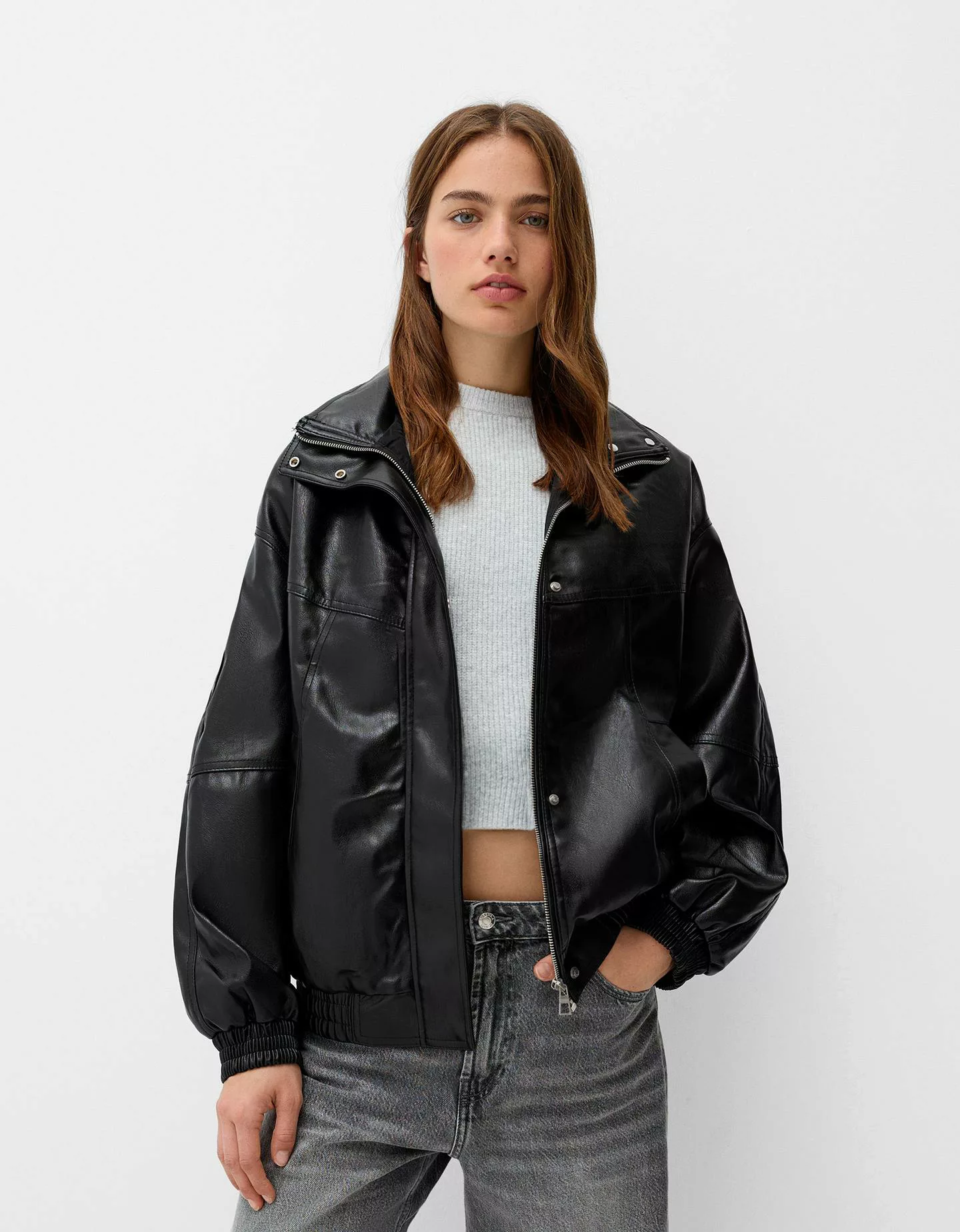 Bershka Oversize-Kunstlederjacke Damen Xs Schwarz günstig online kaufen