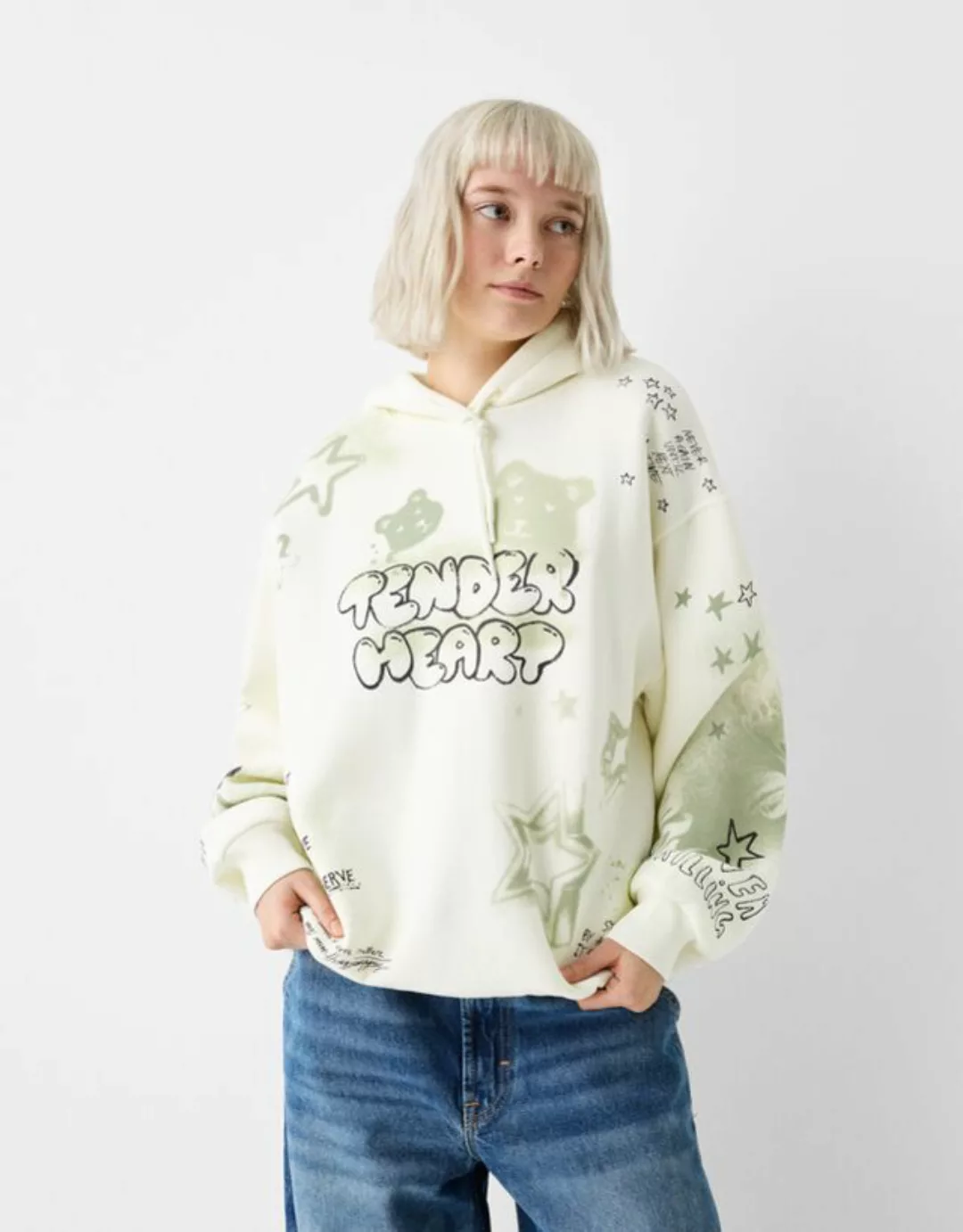 Bershka Hoodie Mit Print Damen L Rohweiß günstig online kaufen