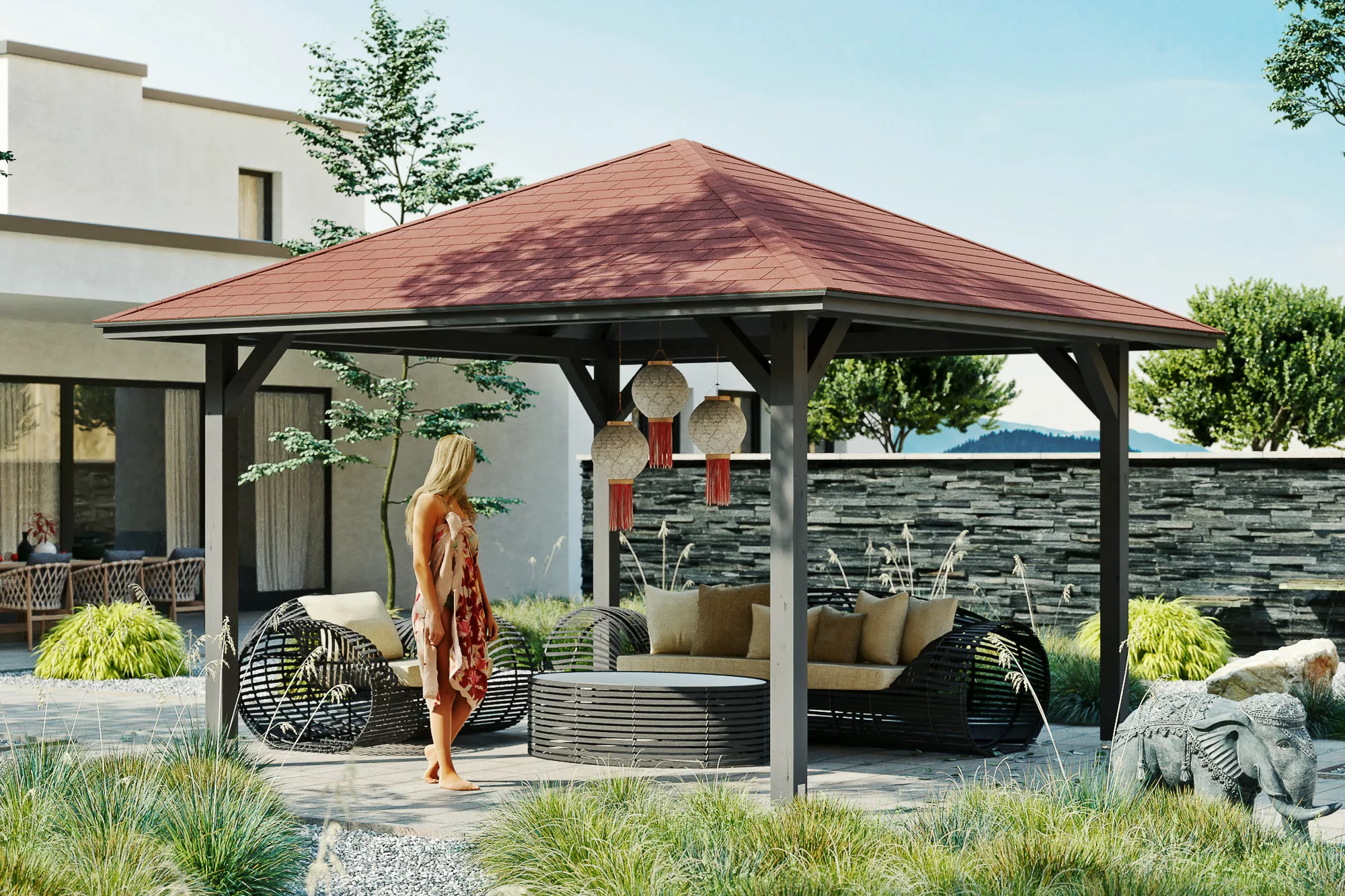 Skan Holz Holz-Pavillon Cannes 2 Schiefergrau lasiert 359 cm x 359 cm günstig online kaufen