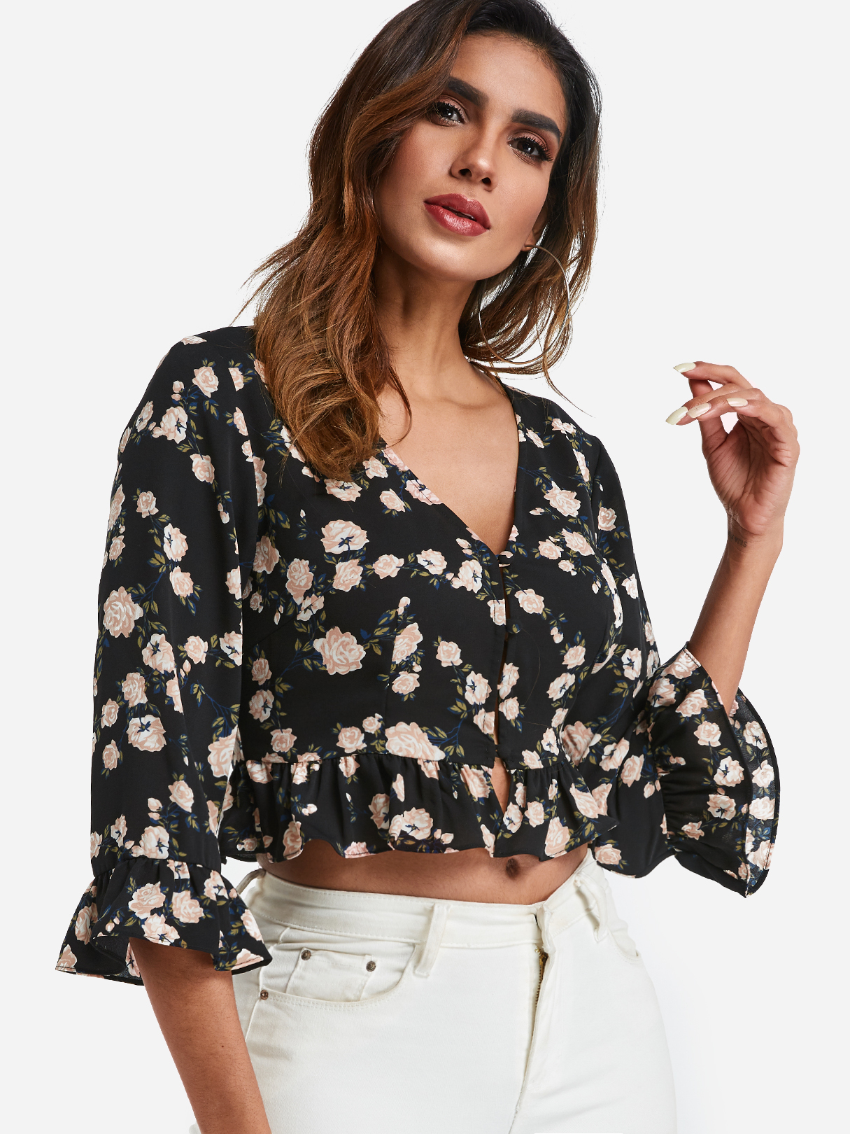 Schwarz Random Floral Print Einreiher 3/4 Länge Ärmel Volant Saum Bluse günstig online kaufen