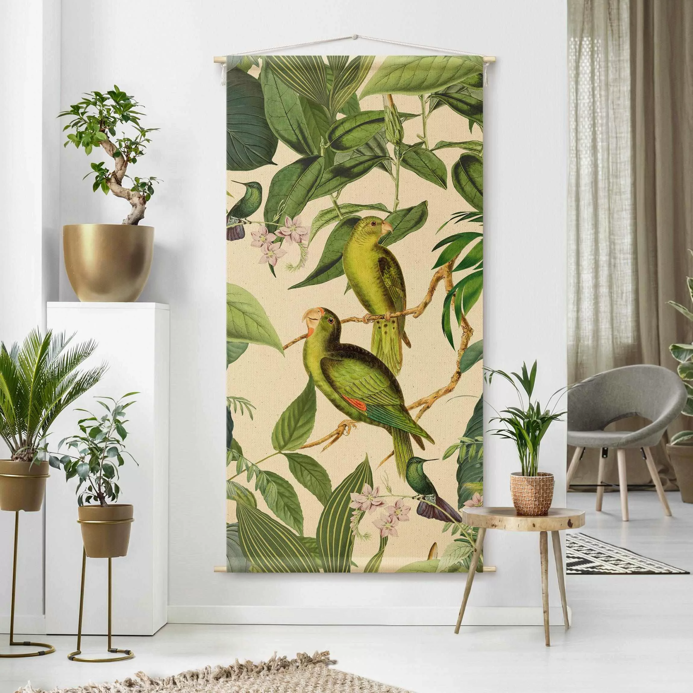 Wandteppich Vintage Collage - Papageien im Dschungel günstig online kaufen