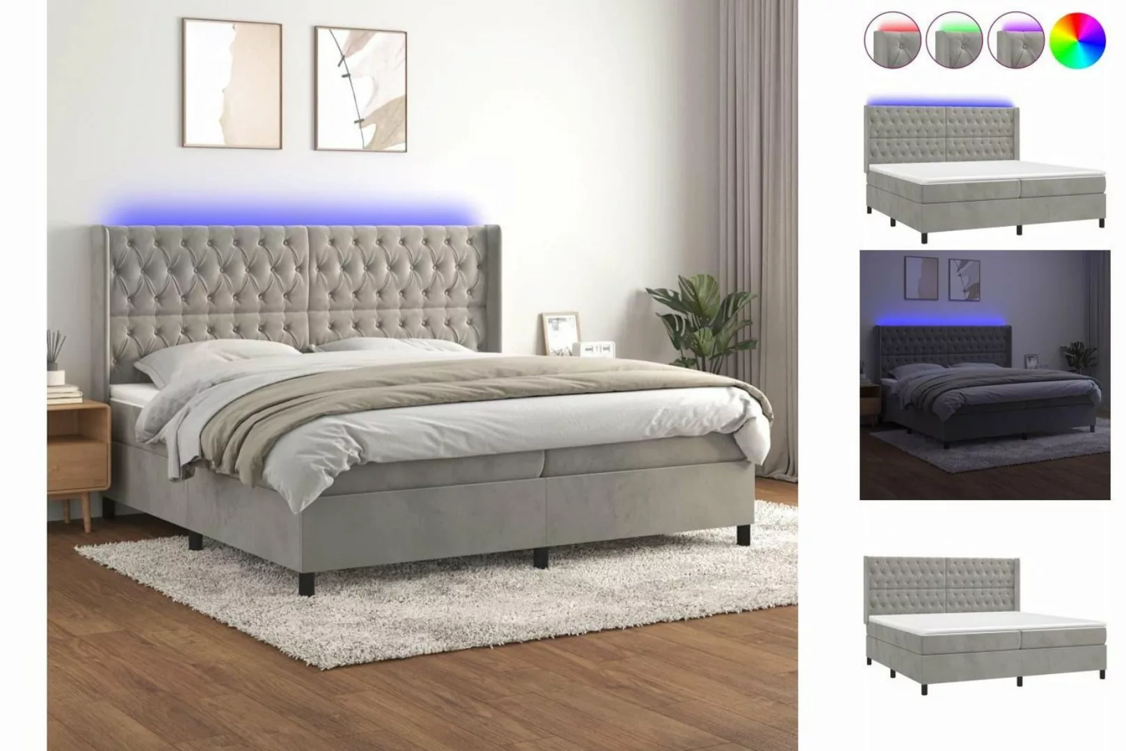 vidaXL Bettgestell Boxspringbett mit Matratze LED Hellgrau 200x200 cm Samt günstig online kaufen