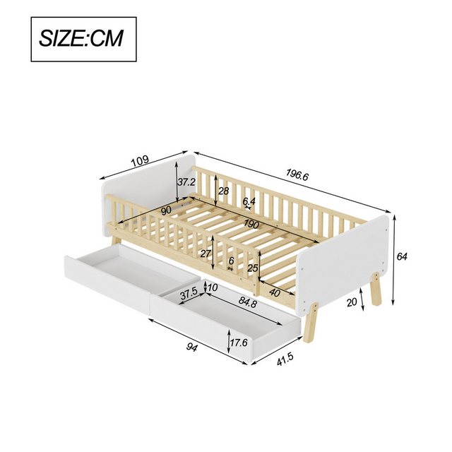 Flieks Kinderbett, Einzelbett Massivholzbett 90x190cm mit 2 Schubladen günstig online kaufen