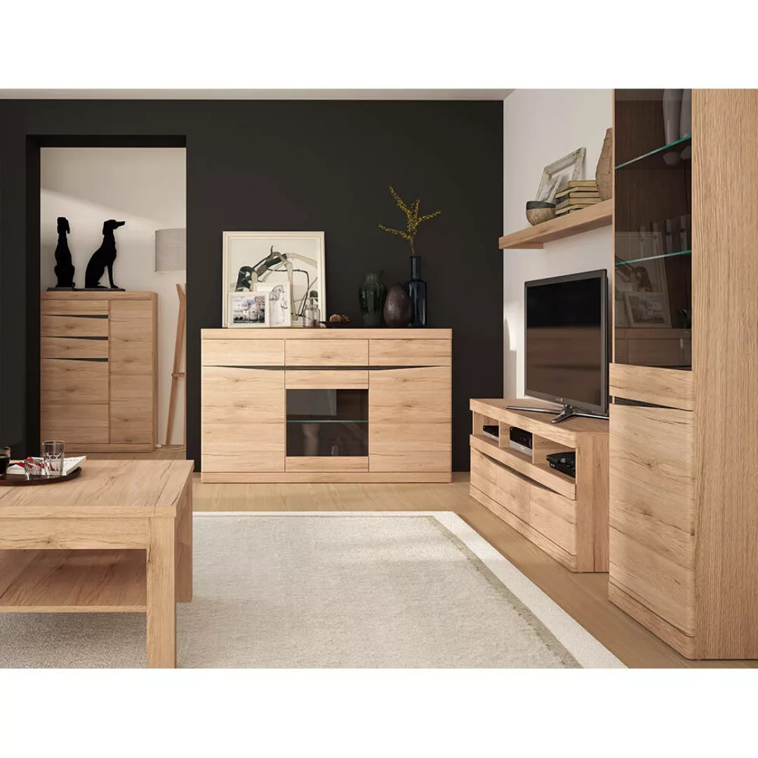Wohnzimmer Komplett Set mit Beleuchtung SANFORD-129 in Eiche hell Nb. günstig online kaufen