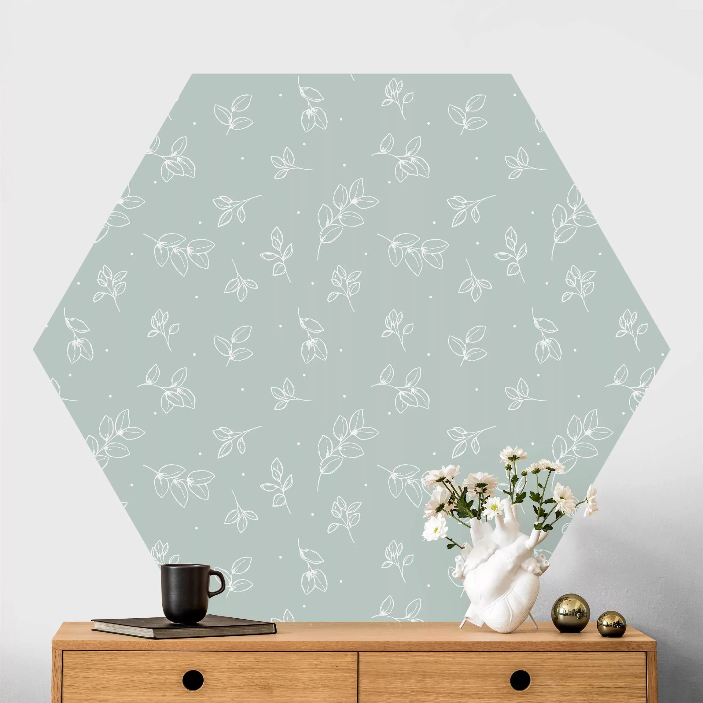 Hexagon Mustertapete selbstklebend Illustrierte Blätter Muster Pastell Grün günstig online kaufen