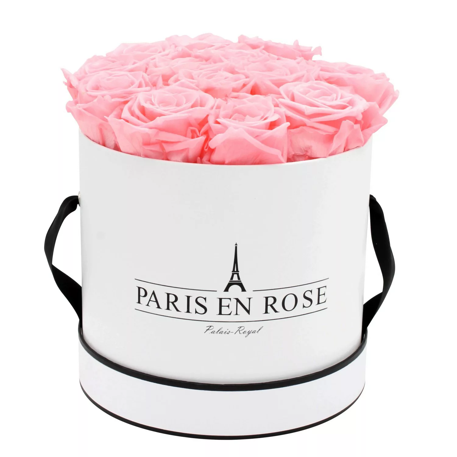 Rosenbox Ø 19 cm Weiß-Schwarz mit 14 Rosa Rosen günstig online kaufen
