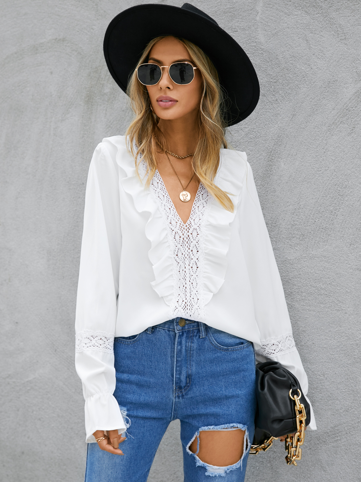YOINS Weiße Bluse mit V-Ausschnitt und langen Ärmeln mit Rüschenbesatz günstig online kaufen