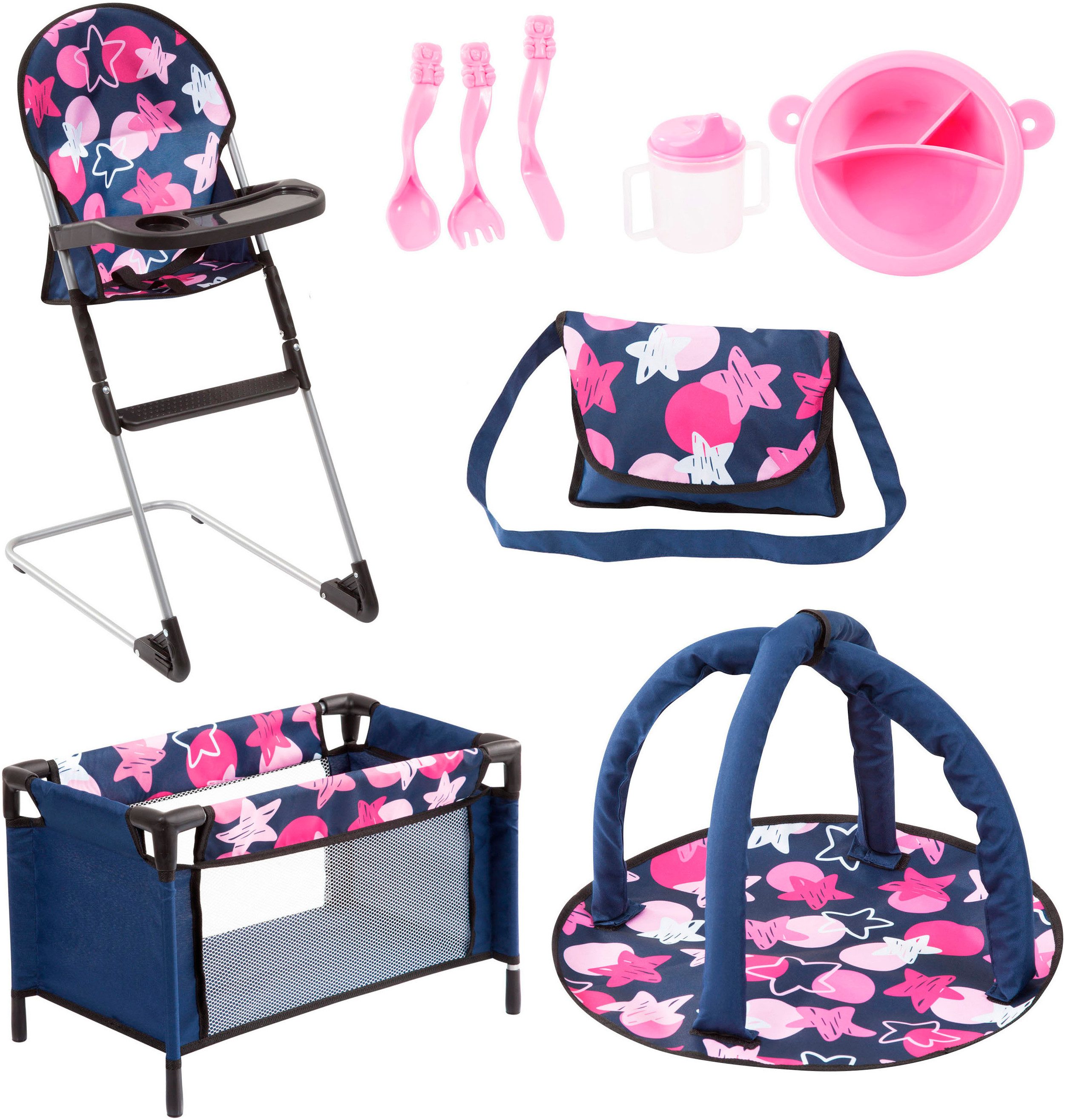 Bayer Puppenmöbel Puppen-Reisebett und Hochstuhl blau/rosa günstig online kaufen