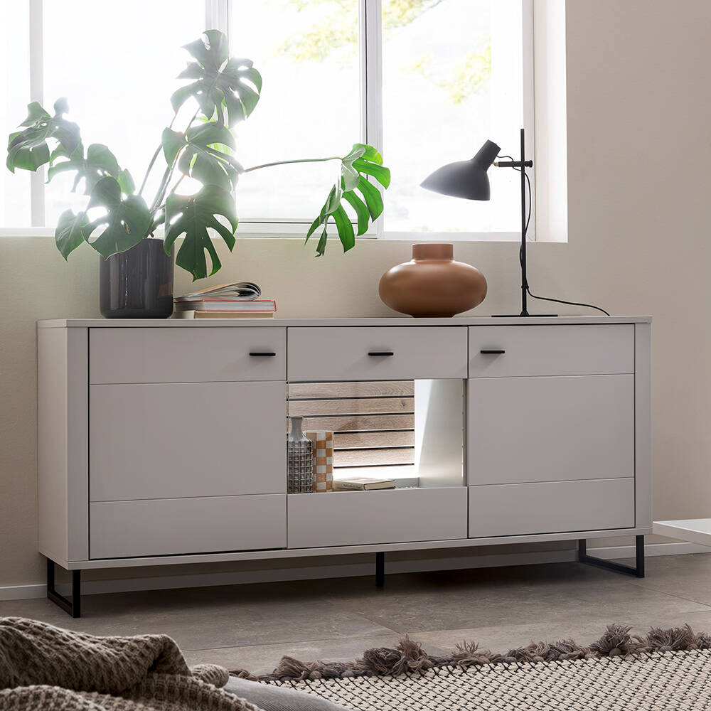 Sideboard, weiß mit Eiche-Lamellen, LAUREANA-05, mit Beleuchtung günstig online kaufen