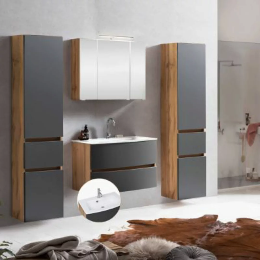 Lomadox Badezimmer Set in Wotaneiche Nb. mit matt grau LAURIA-03 inkl. Bele günstig online kaufen