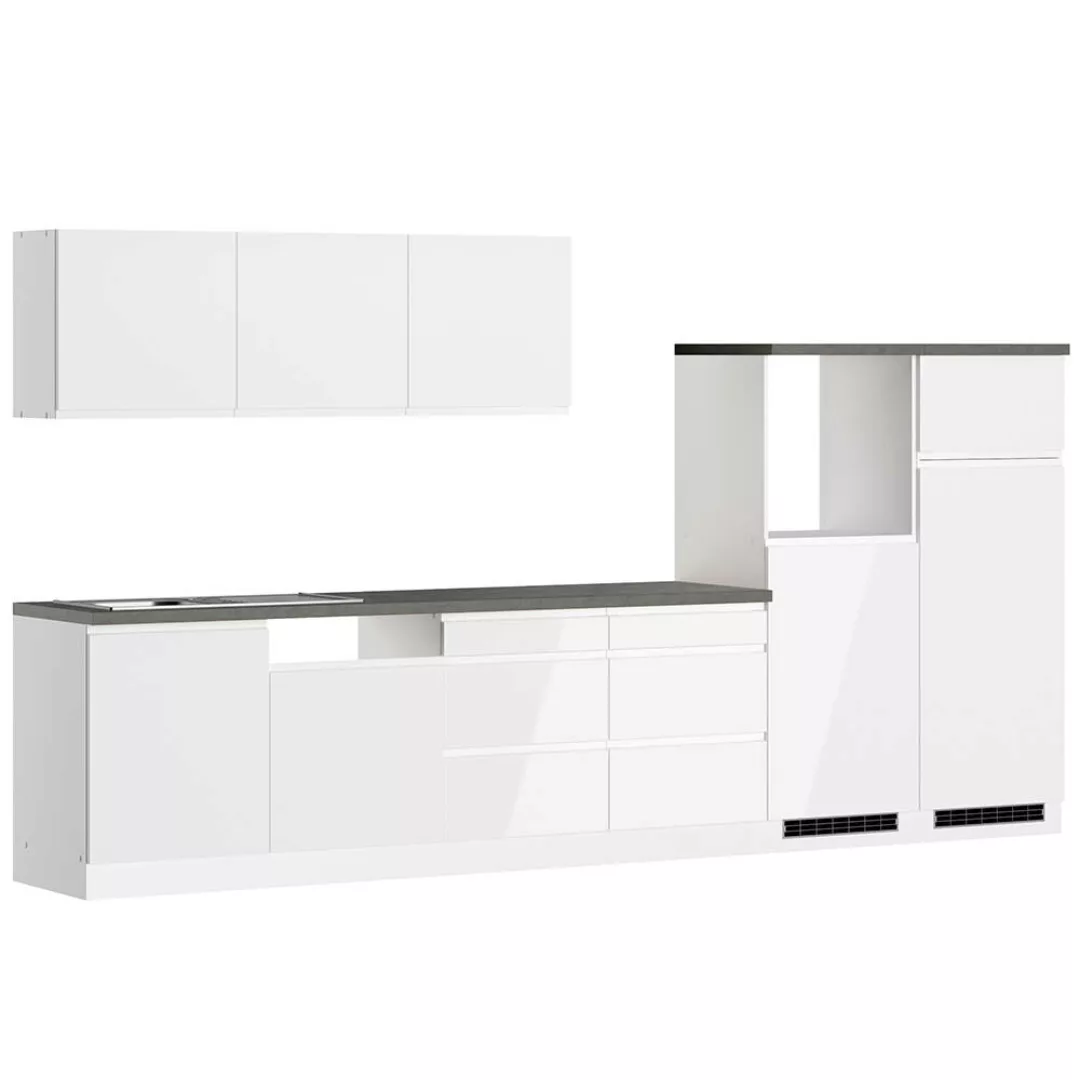 Küchenzeile 360 cm in Hochglanz weiß, Arbeitsplatte Betonoptik MARSEILLE-03 günstig online kaufen