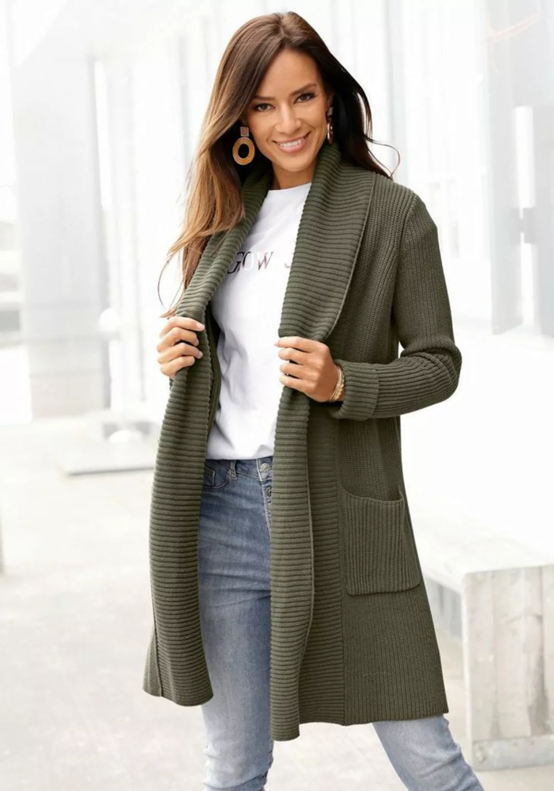 LASCANA Longstrickjacke mit Schalkragen und Taschen, langer Cardigan aus we günstig online kaufen