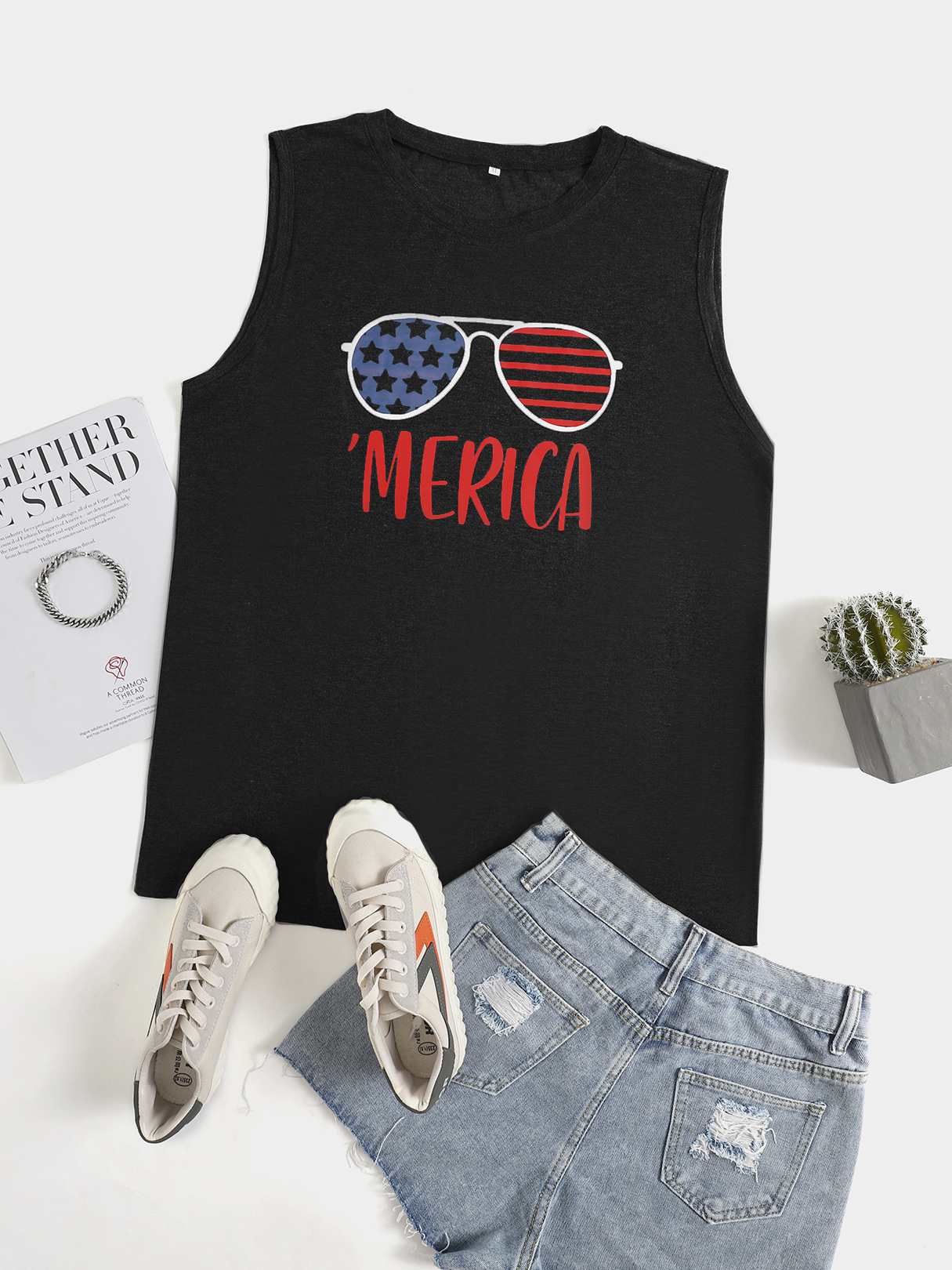 Plus Size Tanktop mit Rundhalsausschnitt und Buchstabe Independence Day günstig online kaufen