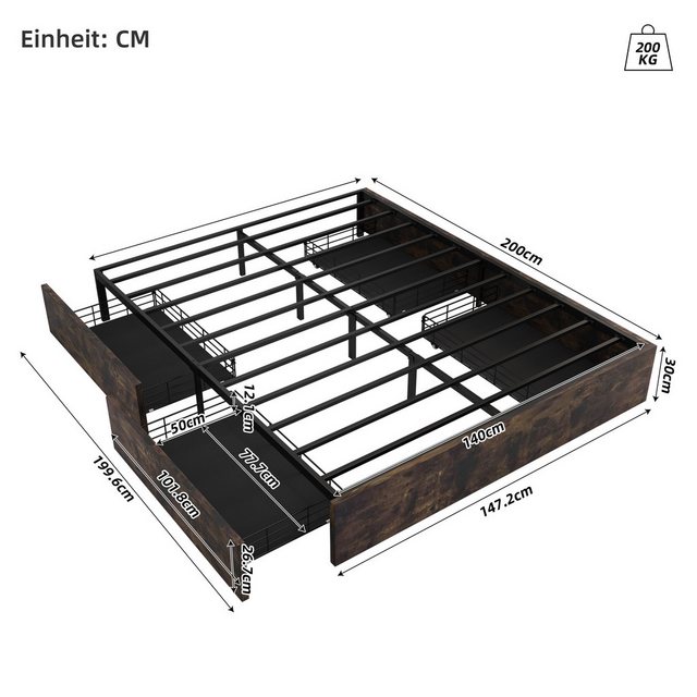 Flieks Metallbett, Kinderbett Doppelbett 140x200cm ohne Kopfteil mit 4 Schu günstig online kaufen