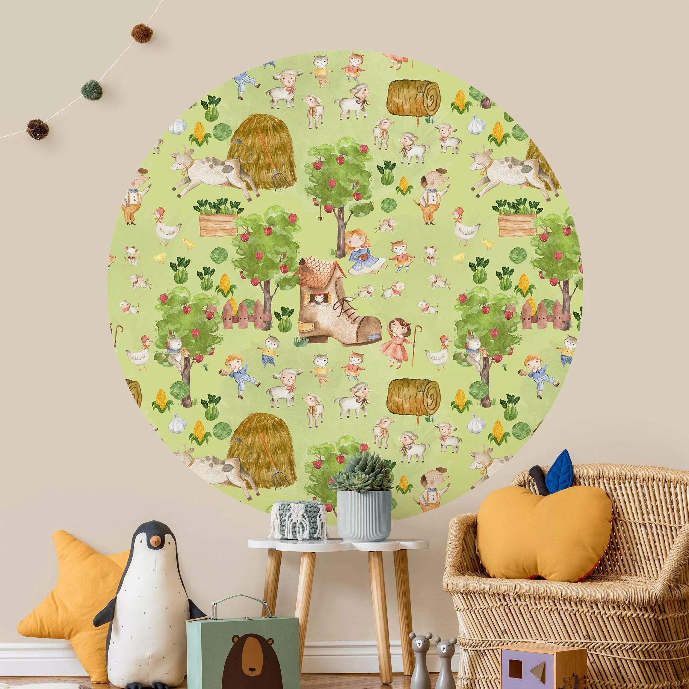 Bilderwelten Runde Tapete selbstklebend Kinderzimmer Bauernhof Illustration günstig online kaufen