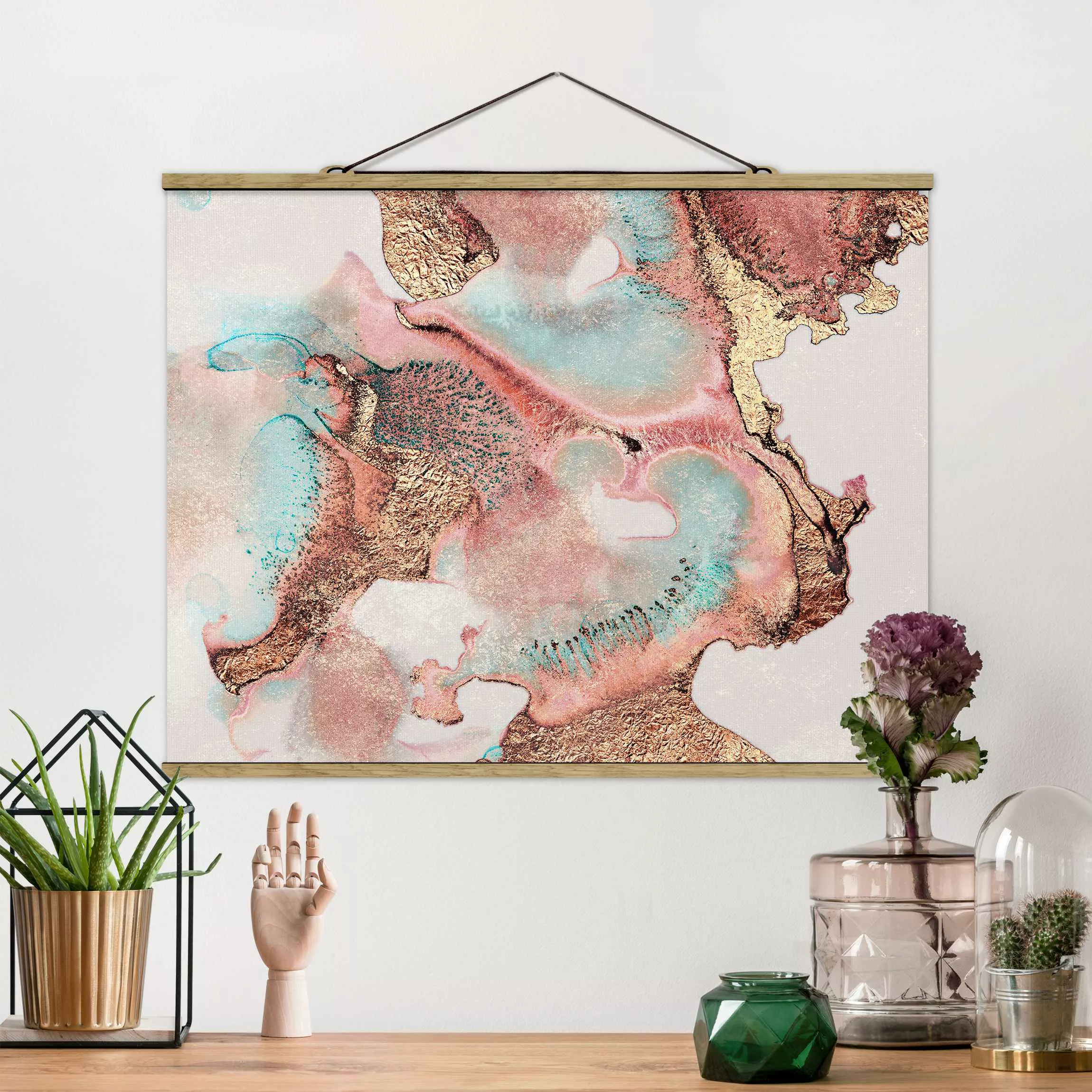 Stoffbild Abstrakt mit Posterleisten - Querformat Goldenes Aquarell Rosé günstig online kaufen
