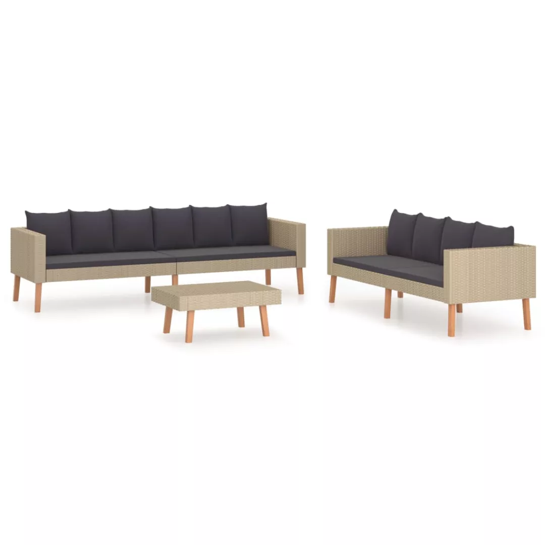 3-tlg. Garten-lounge-set Mit Auflagen Poly Rattan Beige günstig online kaufen