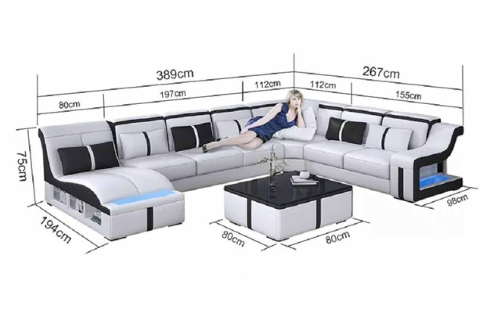 JVmoebel Ecksofa Design Ecksofa U-form Beleuchtet Couch Leder Sofa Neu, Mad günstig online kaufen