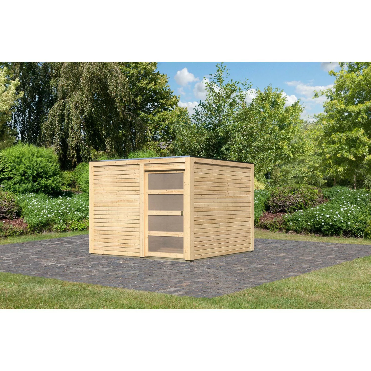 Karibu Holz-Gartenhaus Cuadrado - Flachdach Unbehandelt 272 cm x 272 cm günstig online kaufen