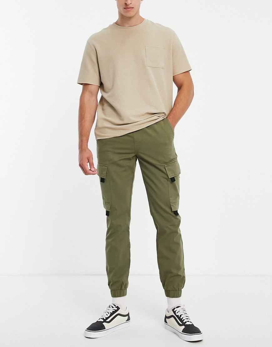 Topman – Cargohose mit engem Schnitt und Zierlasche in Khaki-Grün günstig online kaufen