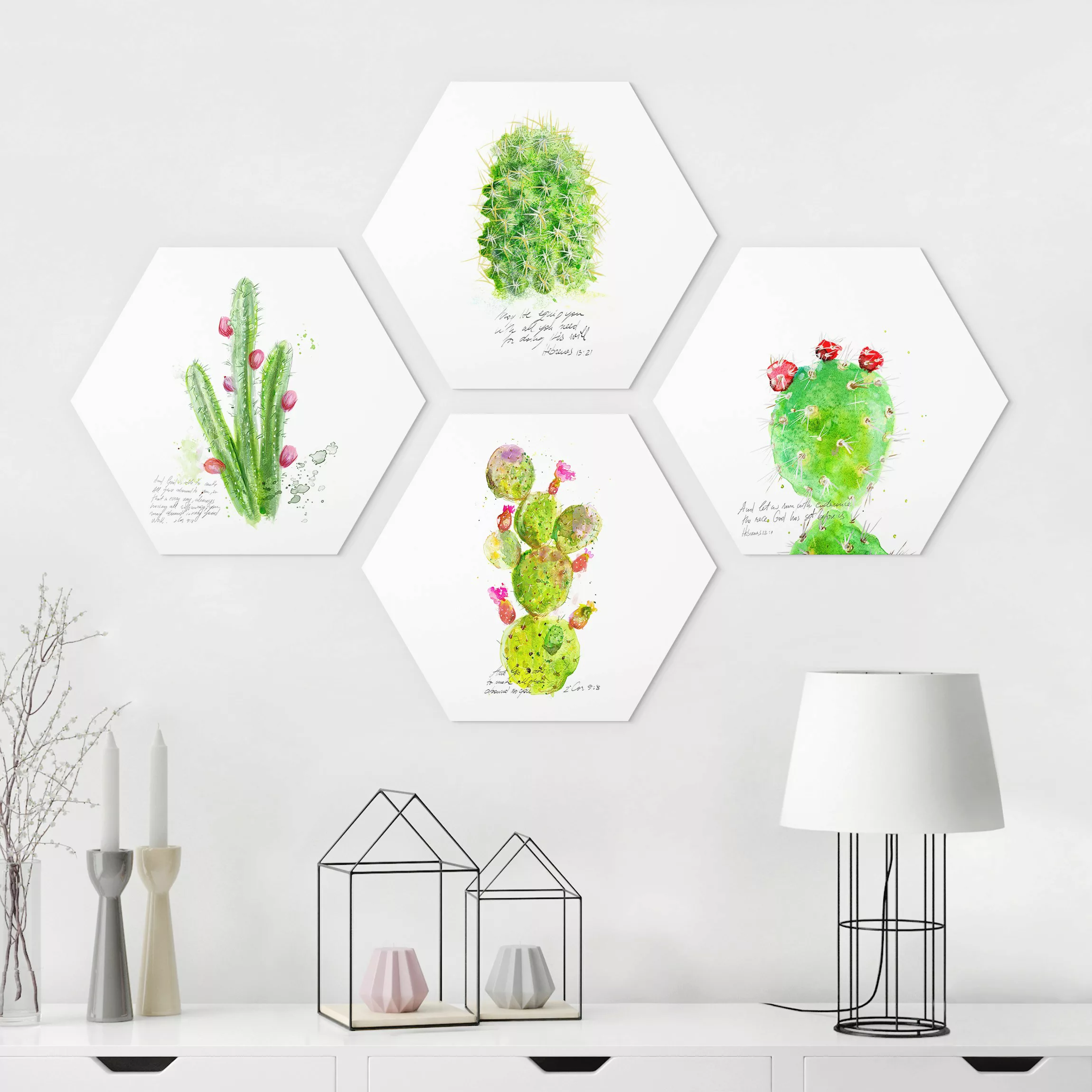 4-teiliges Hexagon-Alu-Dibond Bild Kaktus mit Bibelvers Set I günstig online kaufen