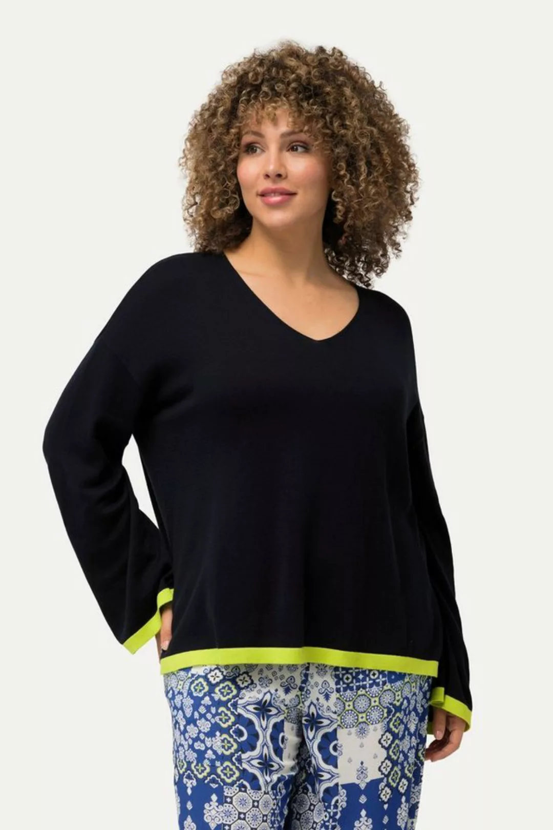 Ulla Popken Strickpullover Pullover farbige Bündchen V-Ausschnitt Langarm günstig online kaufen