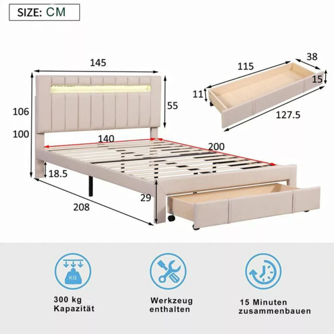 WISHDOR Polsterbett Doppelbett Stauraumbett Bett (140 x 200 cm Beige (ohne günstig online kaufen