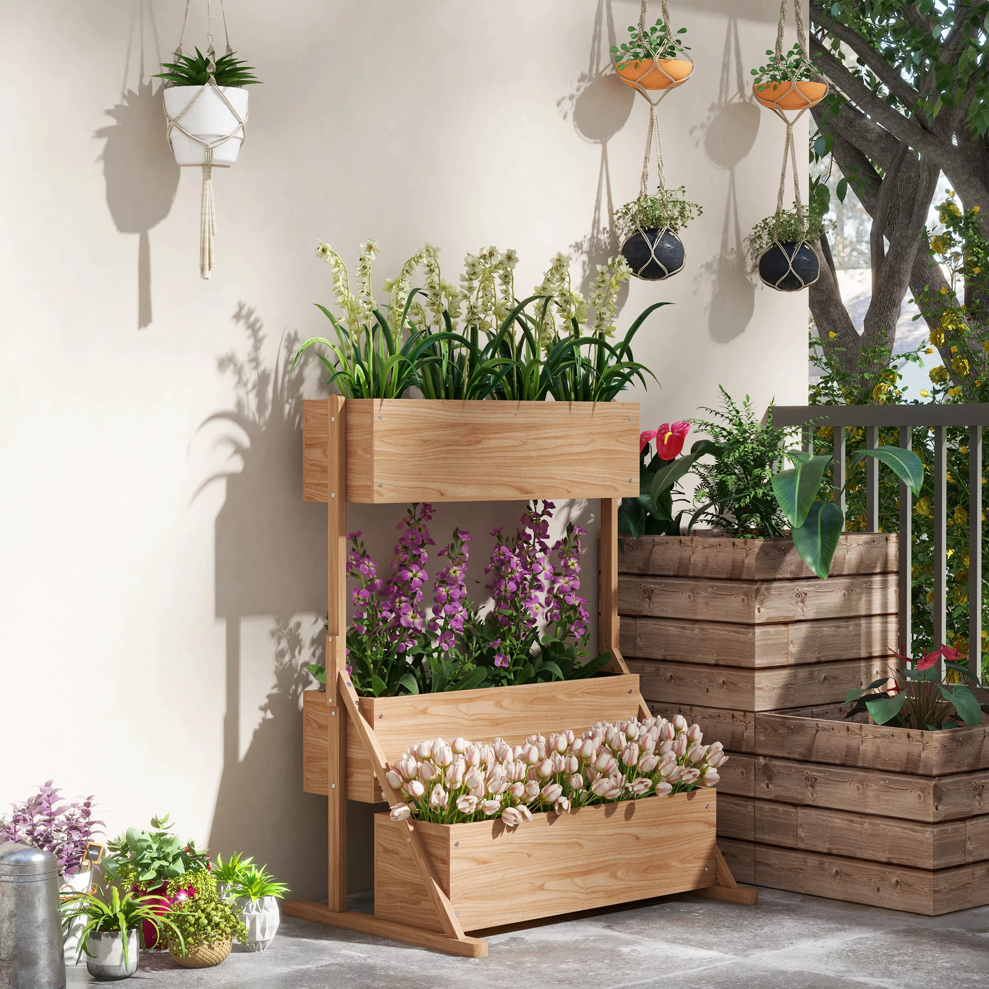 Outsunny Hochbeet  Holz 3-stufiger Blumenkasten mit Innenvlies, für Garten günstig online kaufen