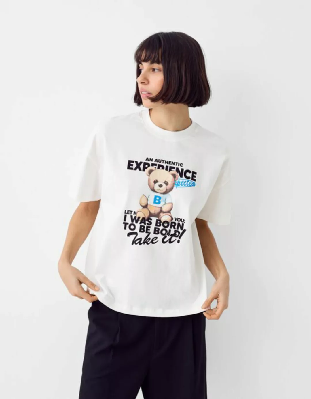 Bershka Oversize-T-Shirt Mit Print Damen L Grbrochenes Weiss günstig online kaufen