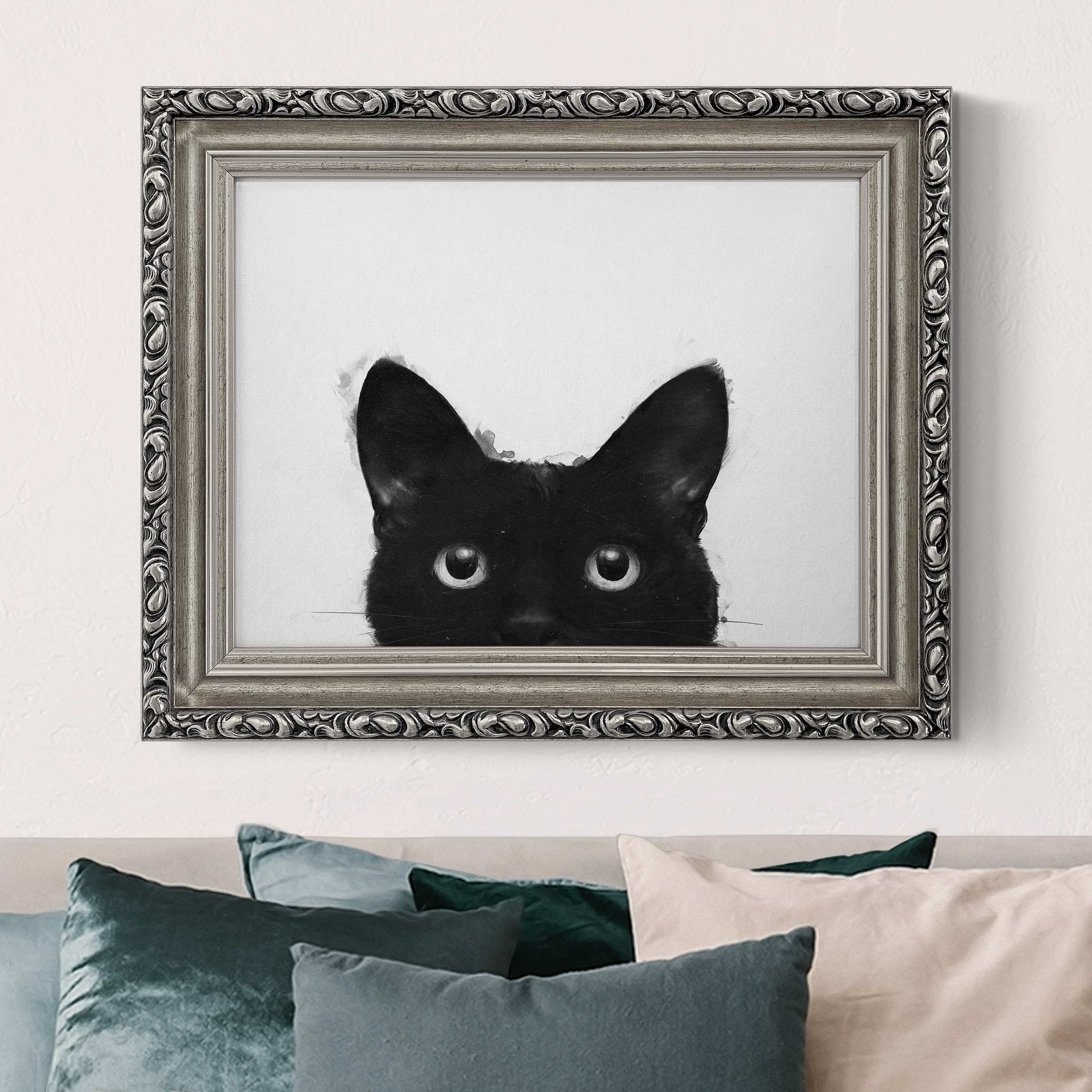 Gerahmtes Leinwandbild Illustration Schwarze Katze auf Weiß Malerei günstig online kaufen