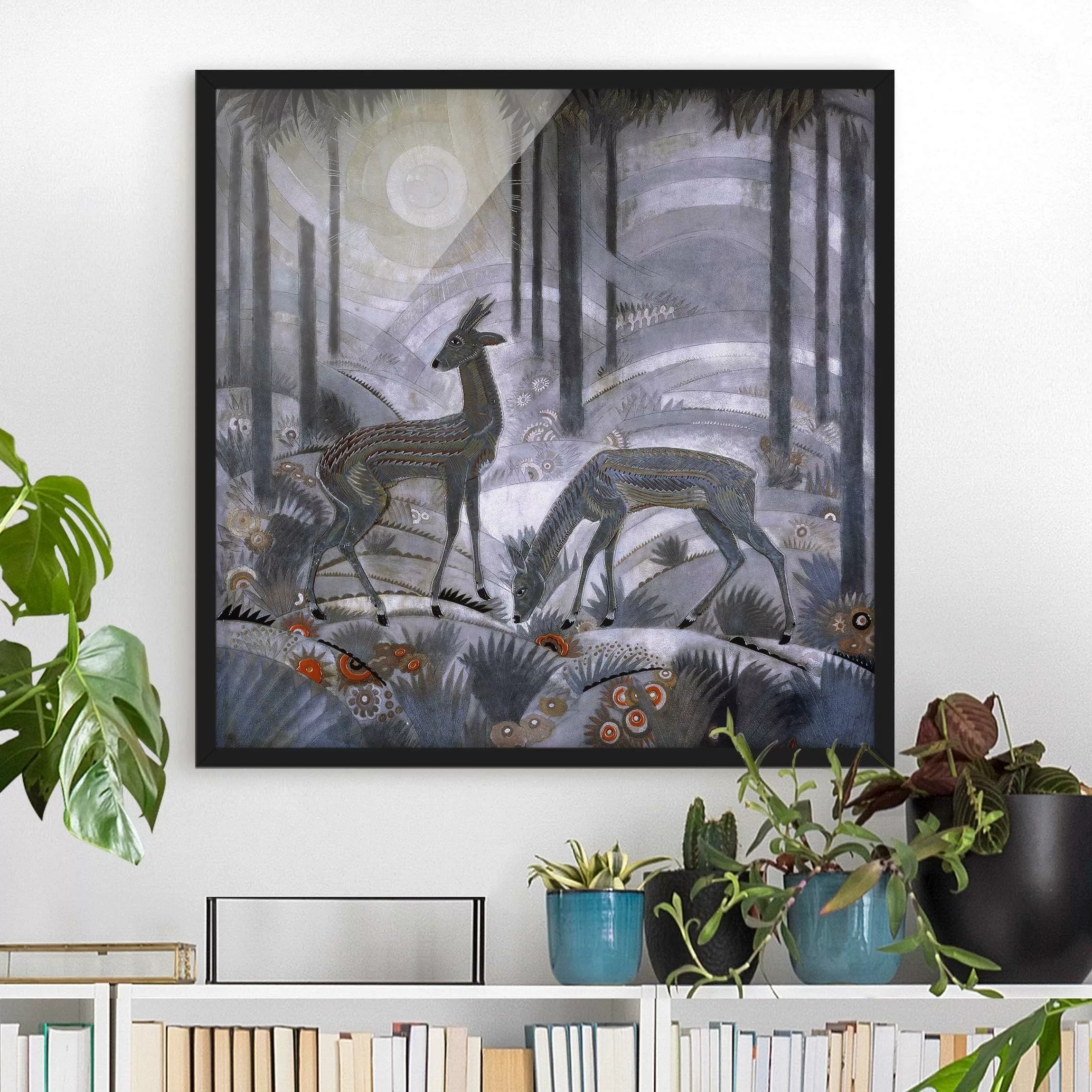 Bild mit Rahmen Kunstdruck - Quadrat Jean Dunand - Zwei Rehe im Wald günstig online kaufen