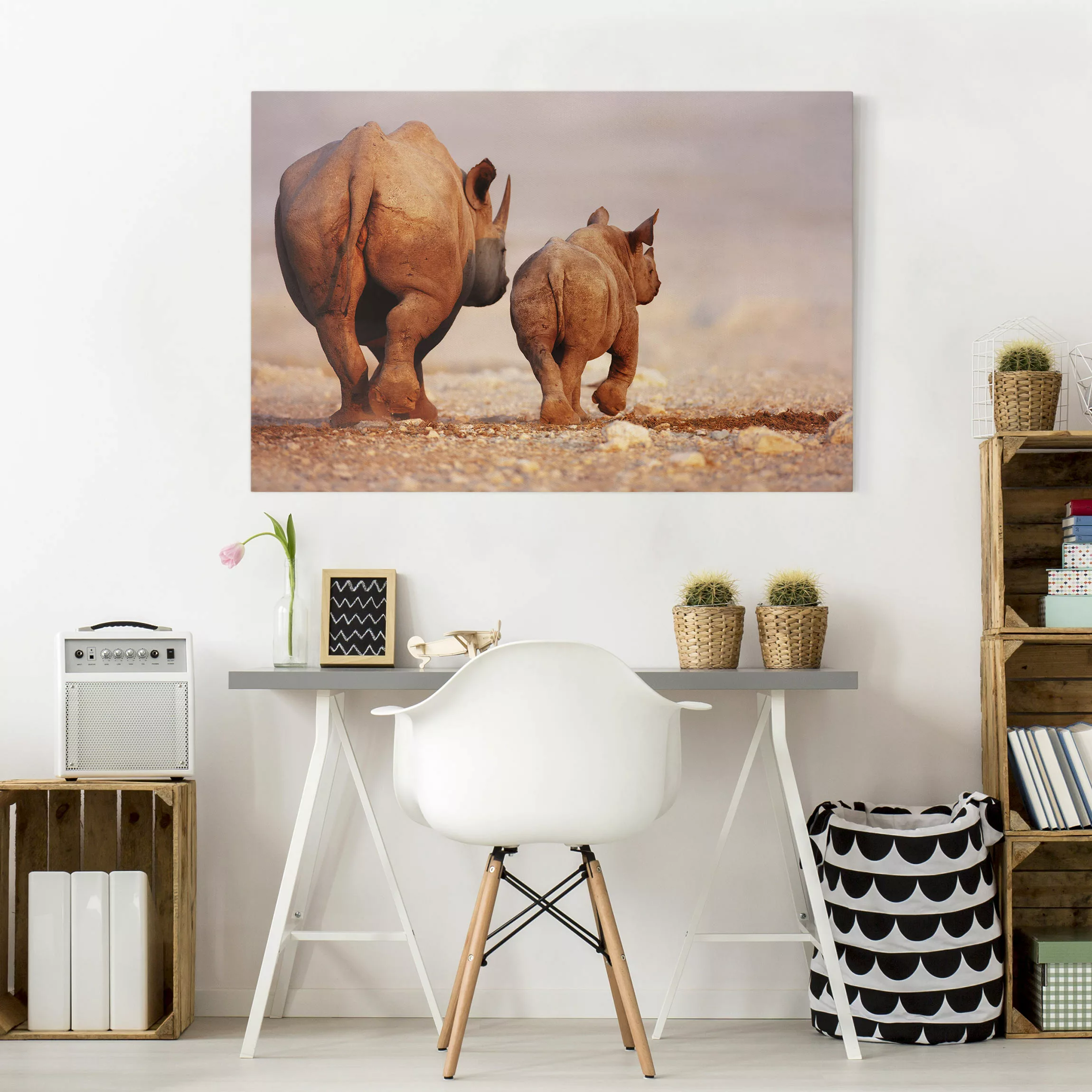 Leinwandbild - Querformat Wandering Rhinos günstig online kaufen