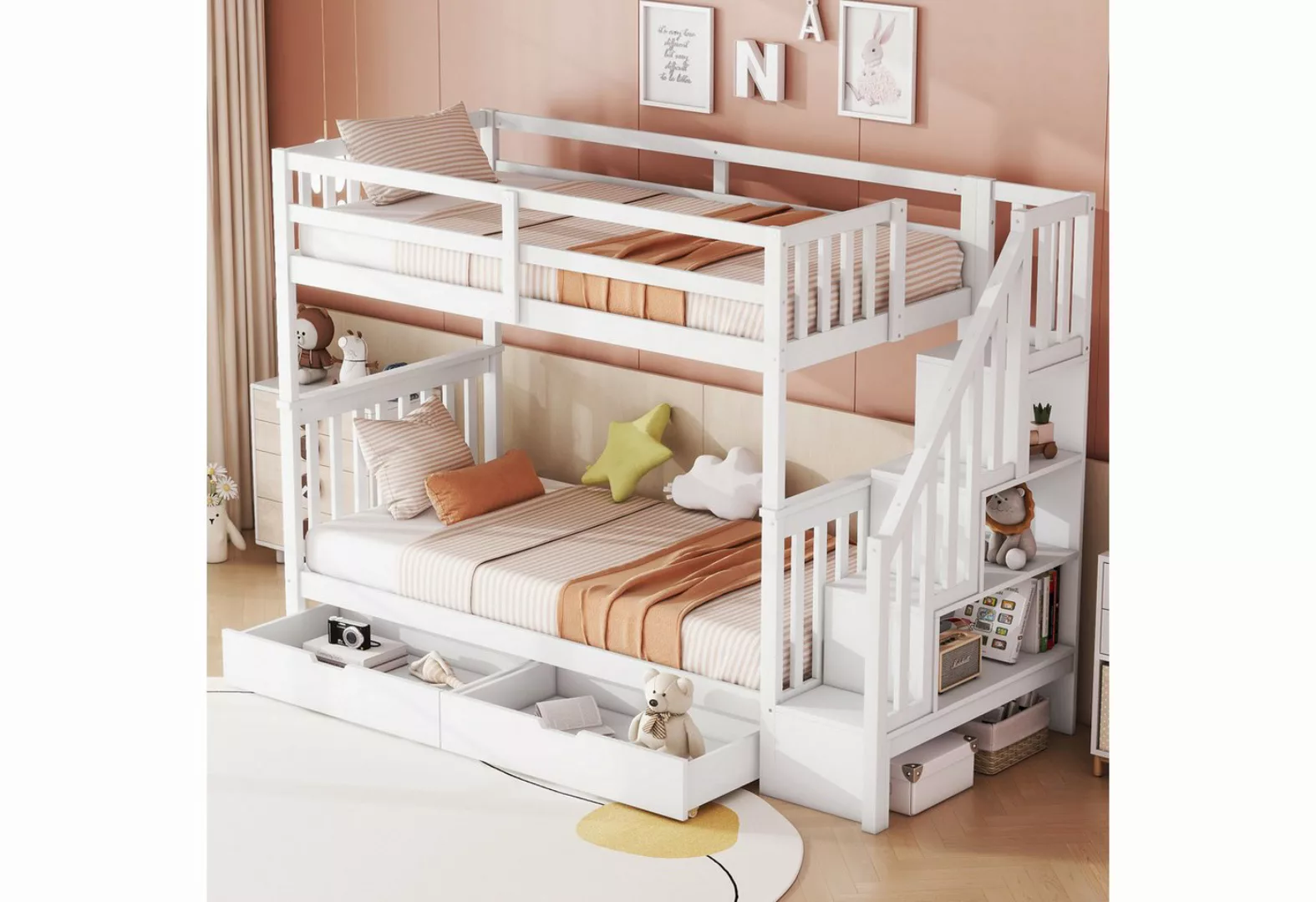 REDOM Etagenbett Holzbett (Treppenregal, ausgestattet mit zwei Schubladen, günstig online kaufen