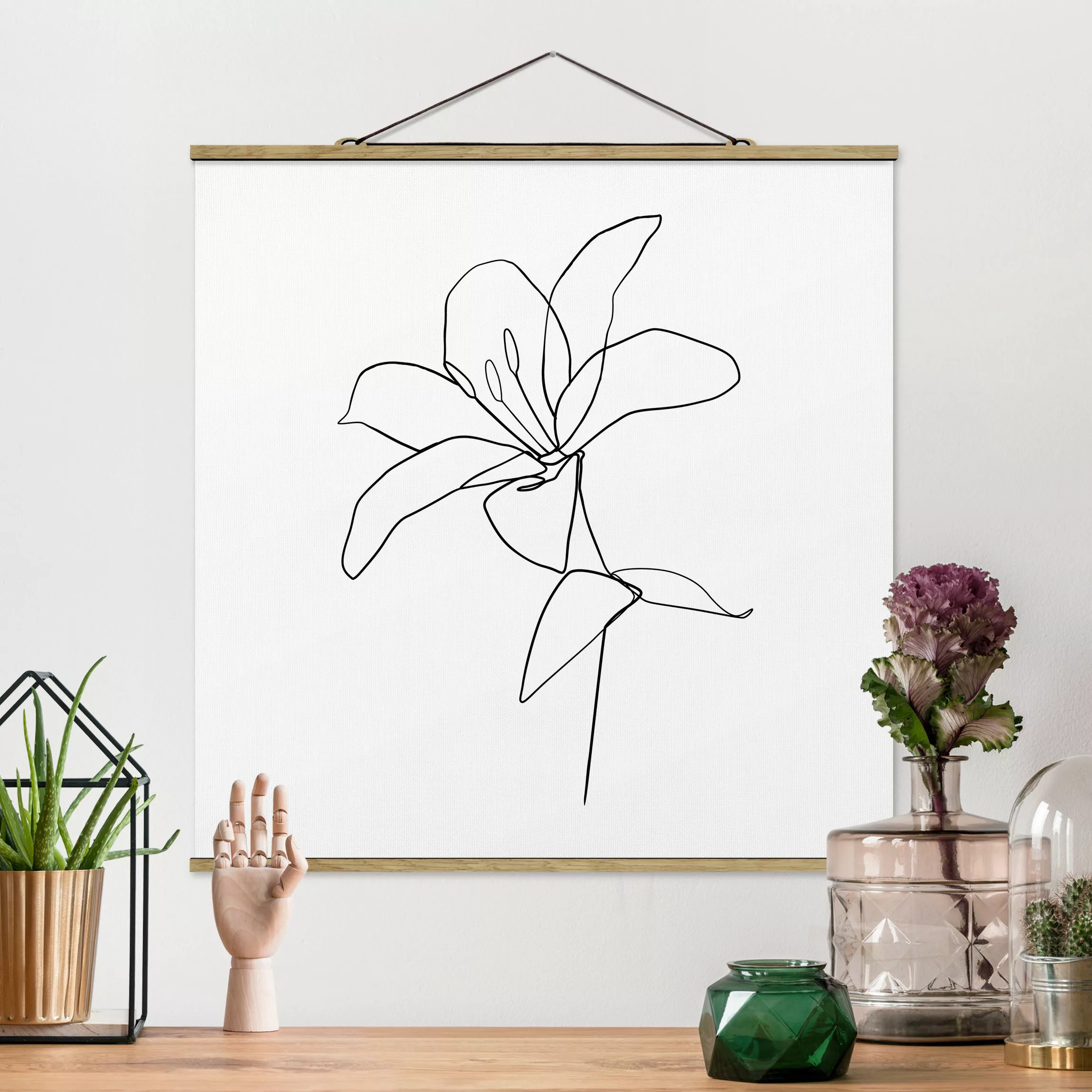 Stoffbild Blumen mit Posterleisten - Quadrat Line Art Blüte Schwarz Weiß günstig online kaufen