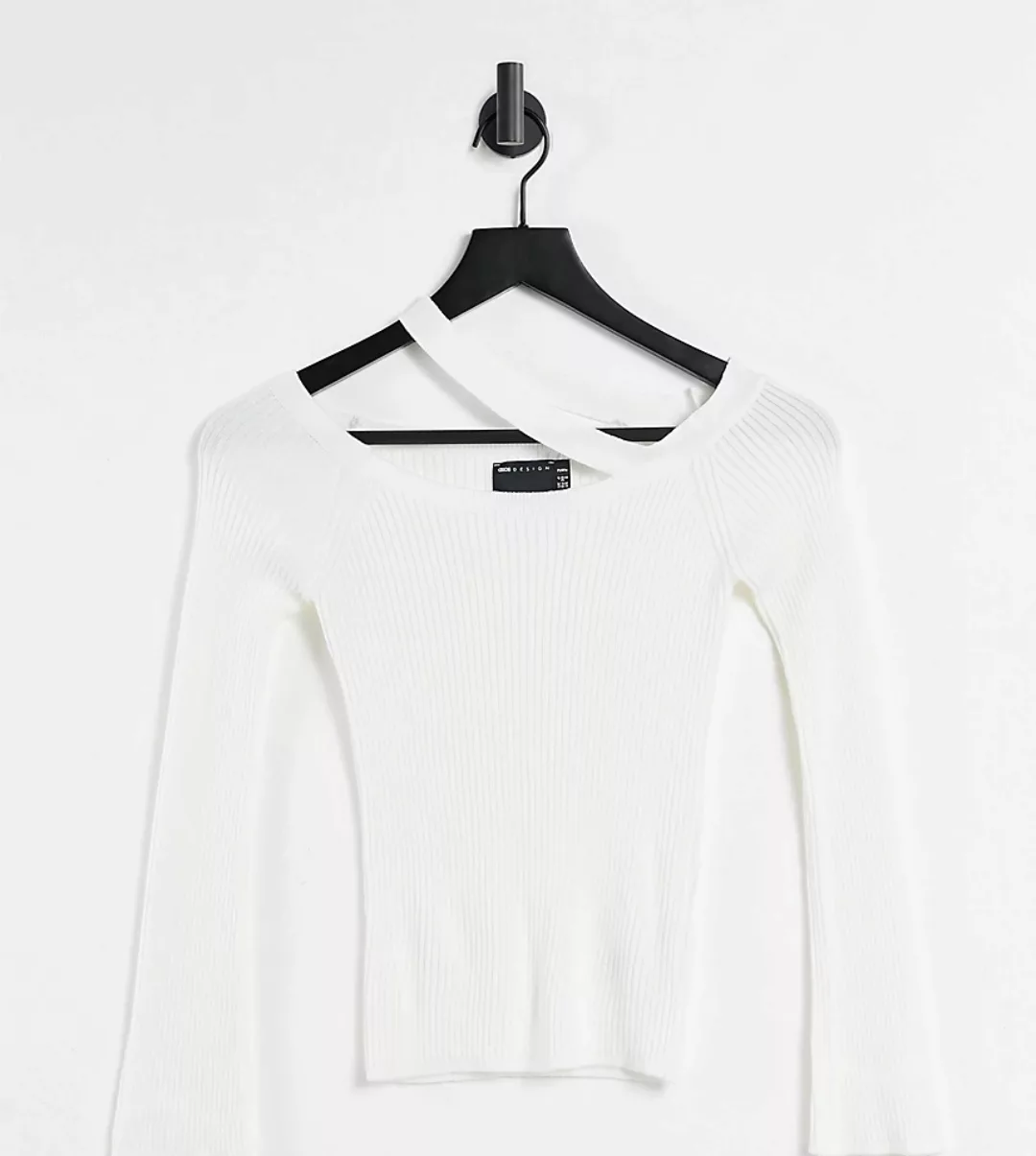 ASOS DESIGN Petite – Schulterfreier Pullover in Weiß mit Riemendetail günstig online kaufen