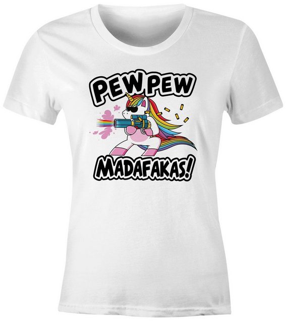 MoonWorks Print-Shirt Damen T-Shirt Pew Pew Madafakas böses Einhorn Regenbo günstig online kaufen