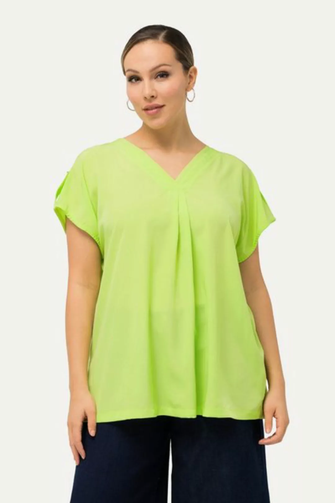 Ulla Popken Druckbluse Bluse Oversized V-Ausschnitt Zierfalten Halbarm günstig online kaufen