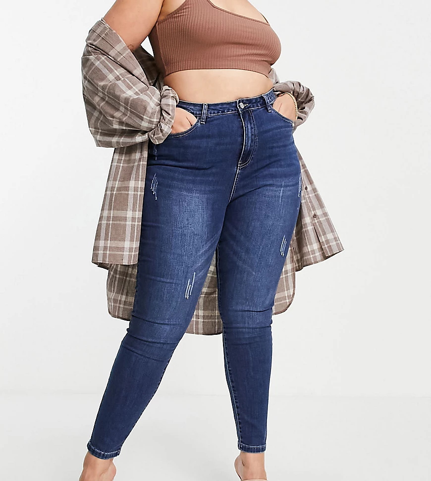 Missguided Plus – Sinner – Jeans in Blau mit hohem Bund und Ziernaht hinten günstig online kaufen