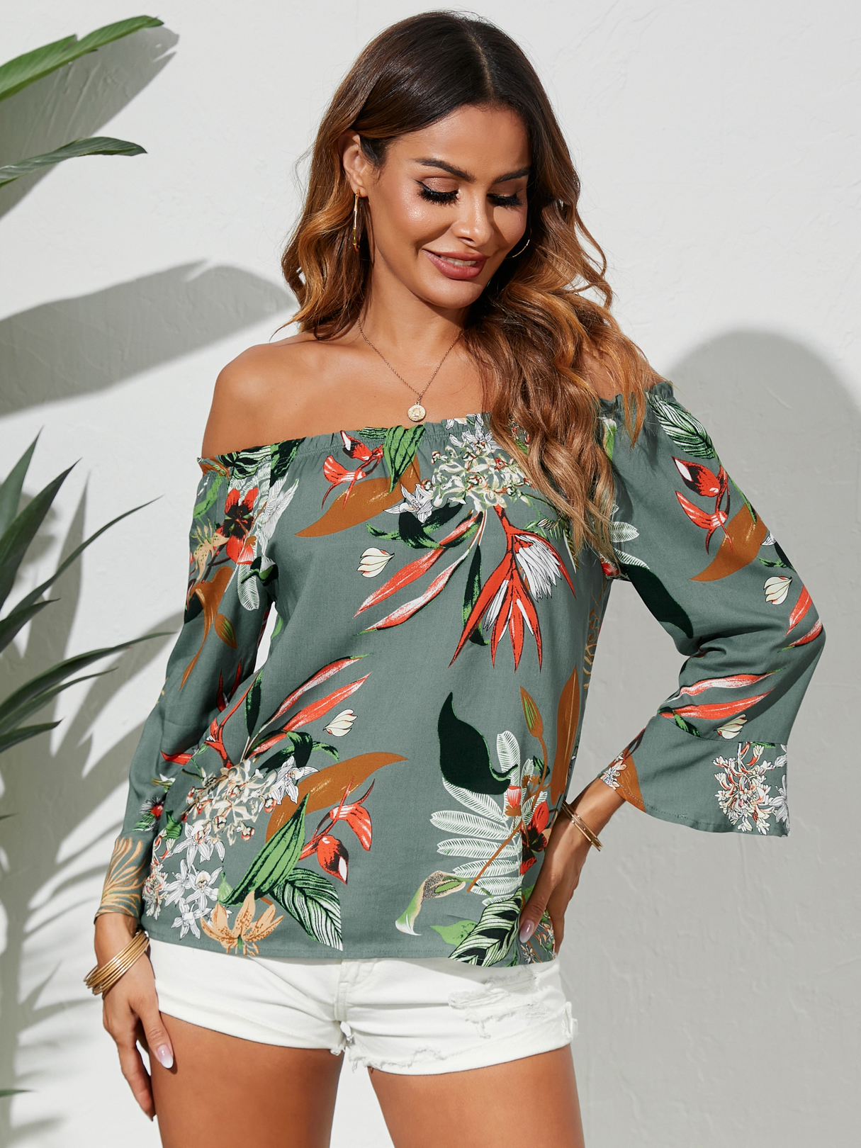 YOINS Geraffte One-Shoulder-Bluse mit Glockenärmeln günstig online kaufen