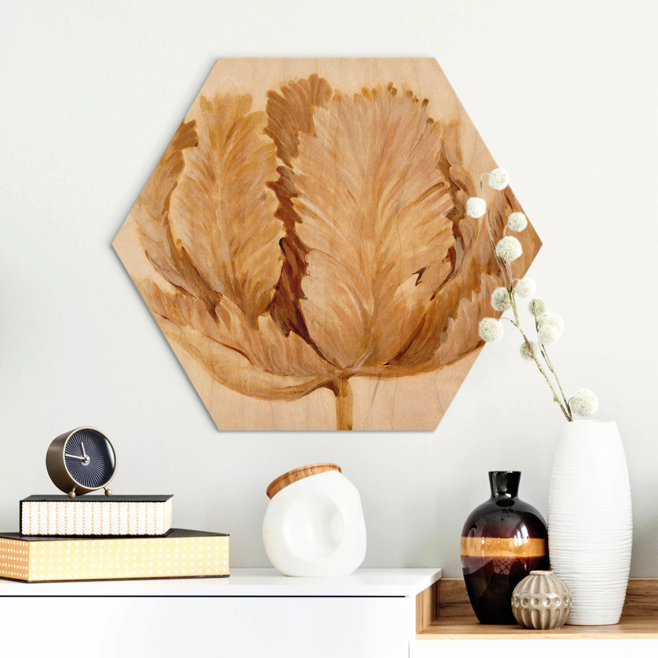 Hexagon-Alu-Dibond Bild Sepia Tulpe auf Holz II günstig online kaufen