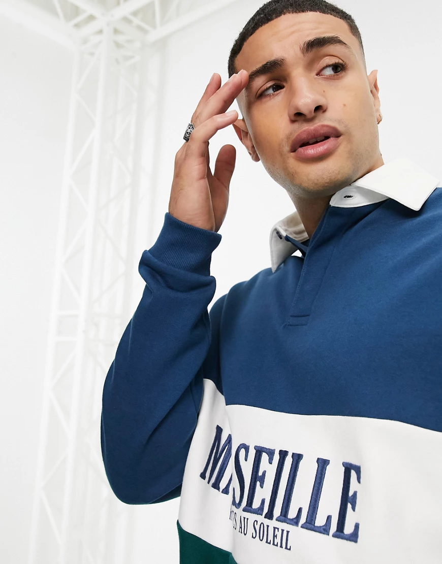 ASOS DESIGN – Oversize-Rugby-Sweatshirt mit „Marseille“-Print-Marineblau günstig online kaufen