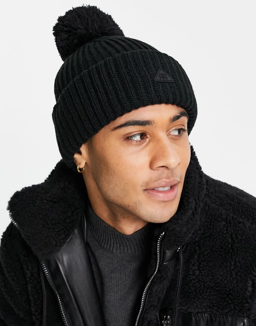 River Island - Schwarze Strickmütze mit Bommel günstig online kaufen