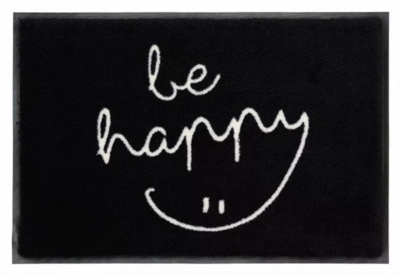 Fußmatte "be happy" - waschbar - schwarz / weiß günstig online kaufen