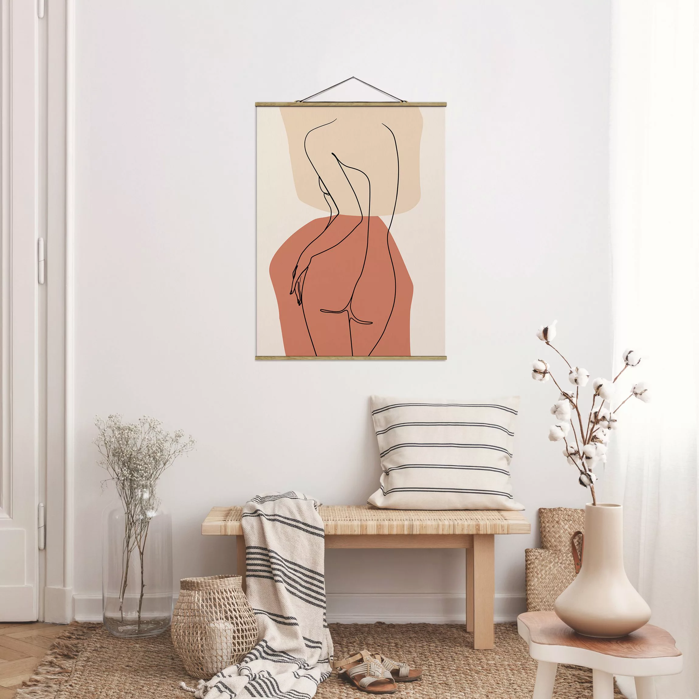 Stoffbild Abstrakt mit Posterleisten - Hochformat Line Art Frau Rücken Brau günstig online kaufen