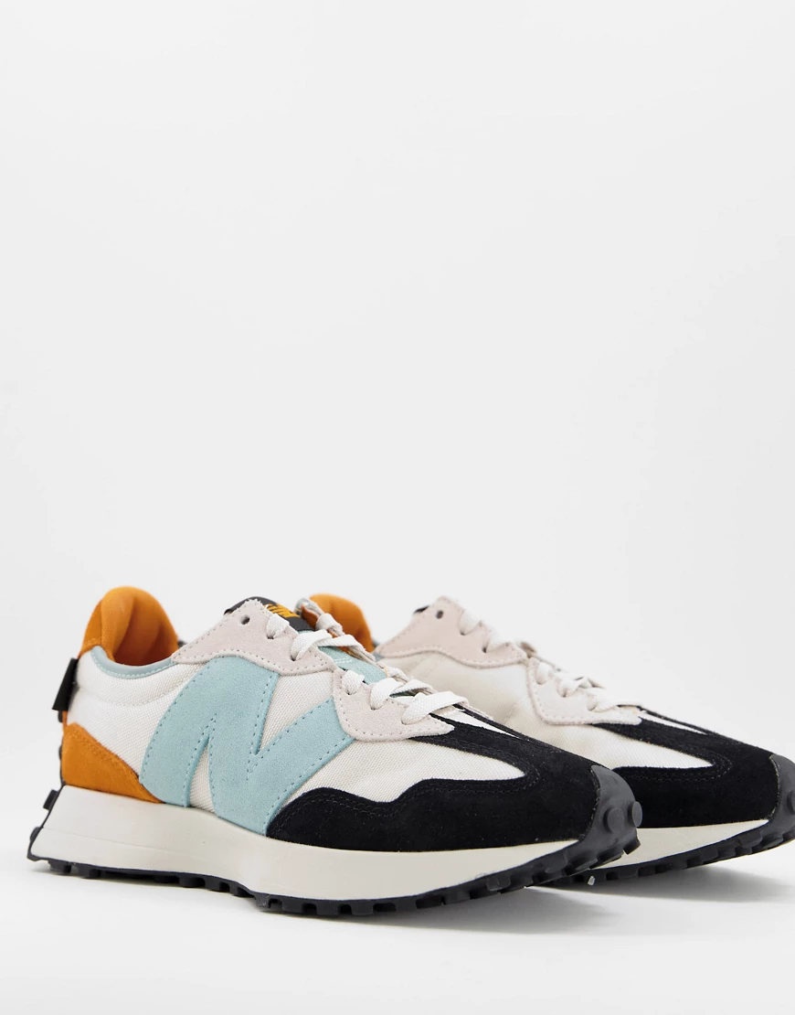 New Balance – 327 – Sneaker in Weiß/Orange und Babyblau günstig online kaufen