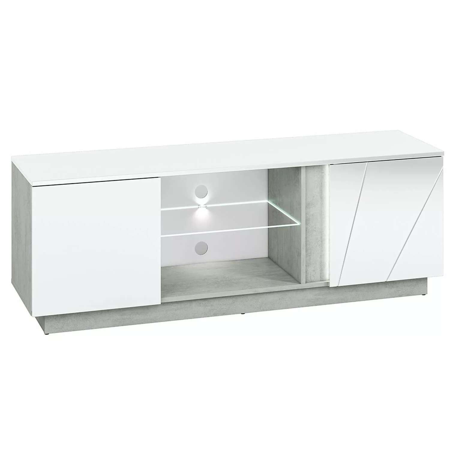 Wohnzimmer TV Lowboard mit Glasbodenbeleuchtung in Beton Optik mit weiß Gla günstig online kaufen