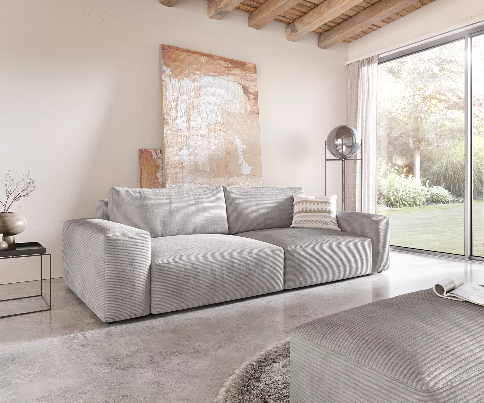 Big-Sofa Lanzo XL 270x130 cm Cord Silbergrau mit Hocker günstig online kaufen