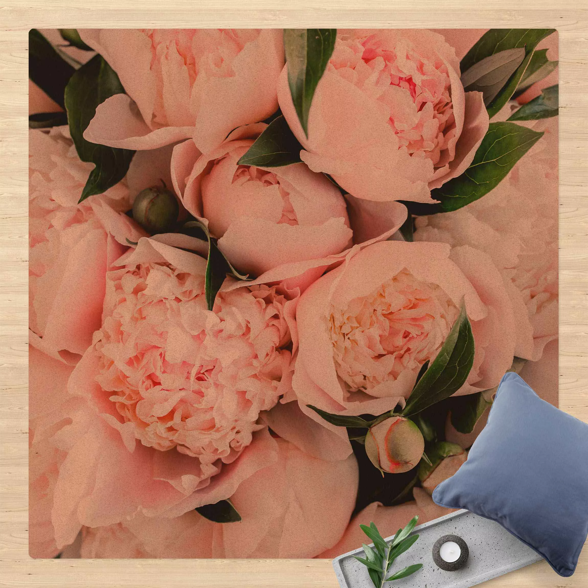 Kork-Teppich Rosa Pfingstrosen mit Blättern günstig online kaufen