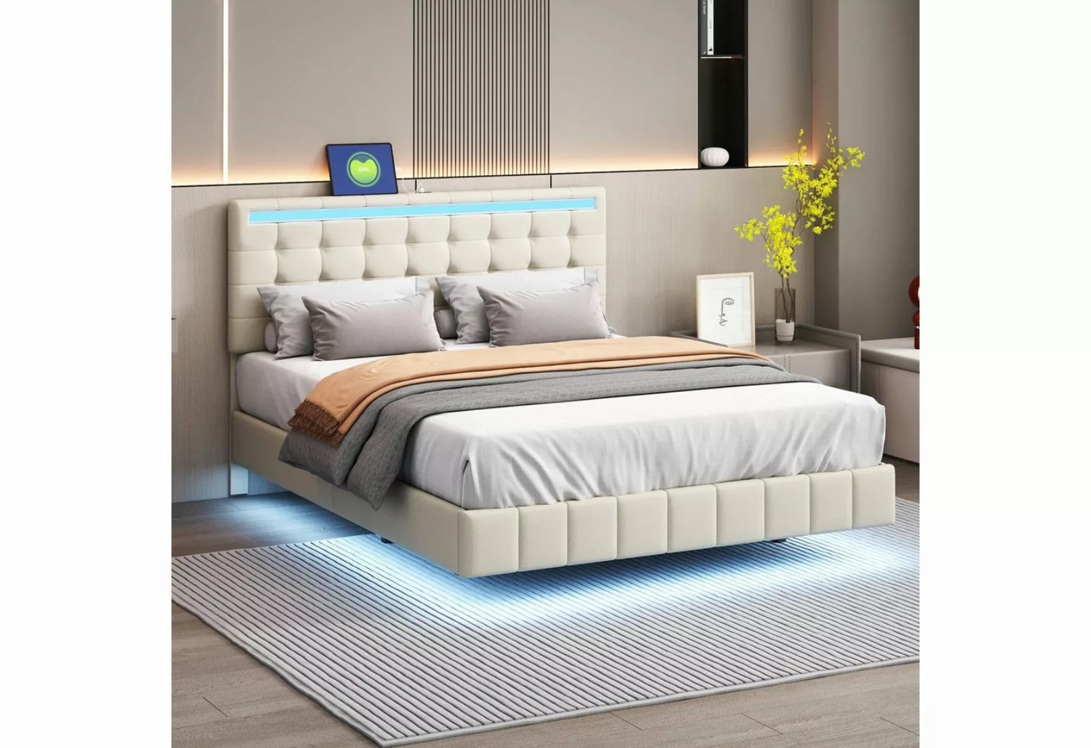 IDEASY Polsterbett 140 x 200 cm, gepolsterter Schwebebettrahmen (mit LED-Le günstig online kaufen