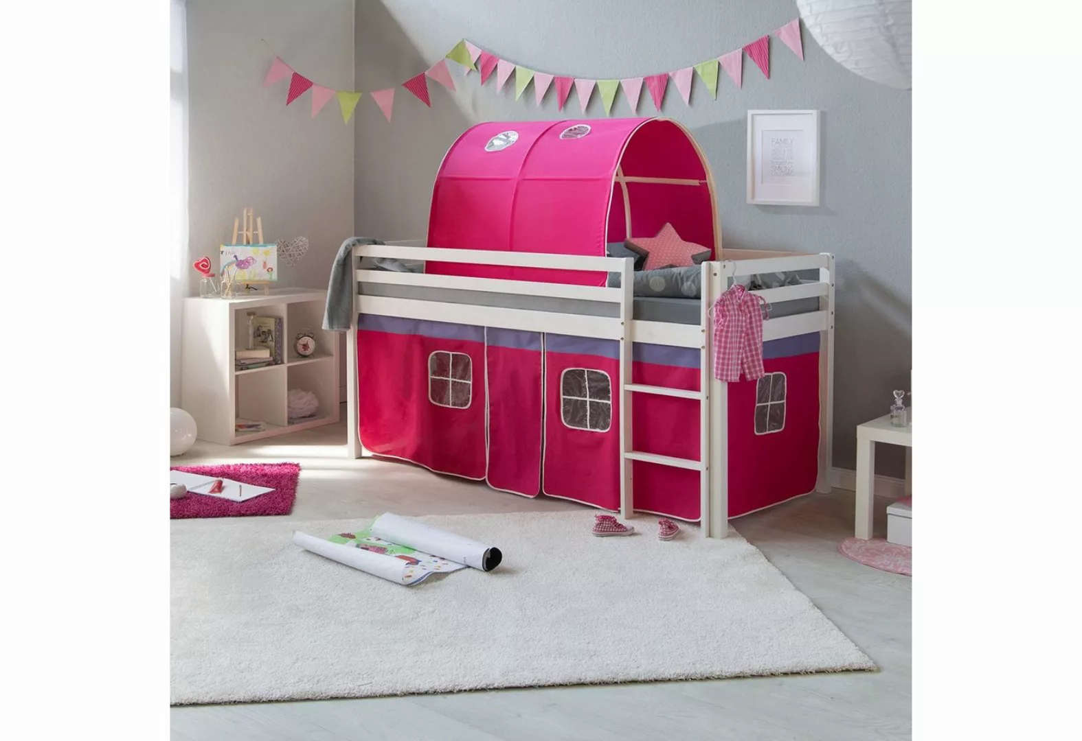 Homestyle4u Hochbett 90x200 cm Kinderbett Weiß Kiefer mit Vorhang Pink mit günstig online kaufen